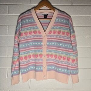 Hot Topic Strawberry Heart Pastel Goth Cardigan Sweater Large Fair Isle Novelty